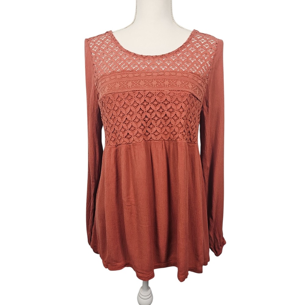 Artesia Top Lace Crochet Yoke Tassel Tie Back Long Sleeve Rust Women Small